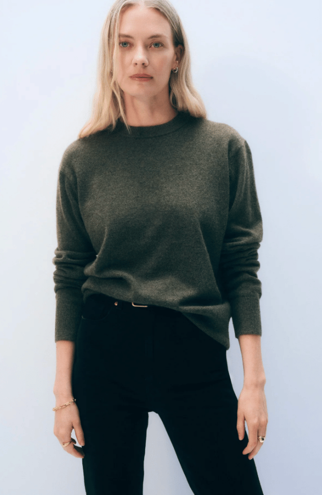 CASHMERE CREWNECK SWEATER in THYME HEATHER-WHITE and WARREN-FLOW by nicole