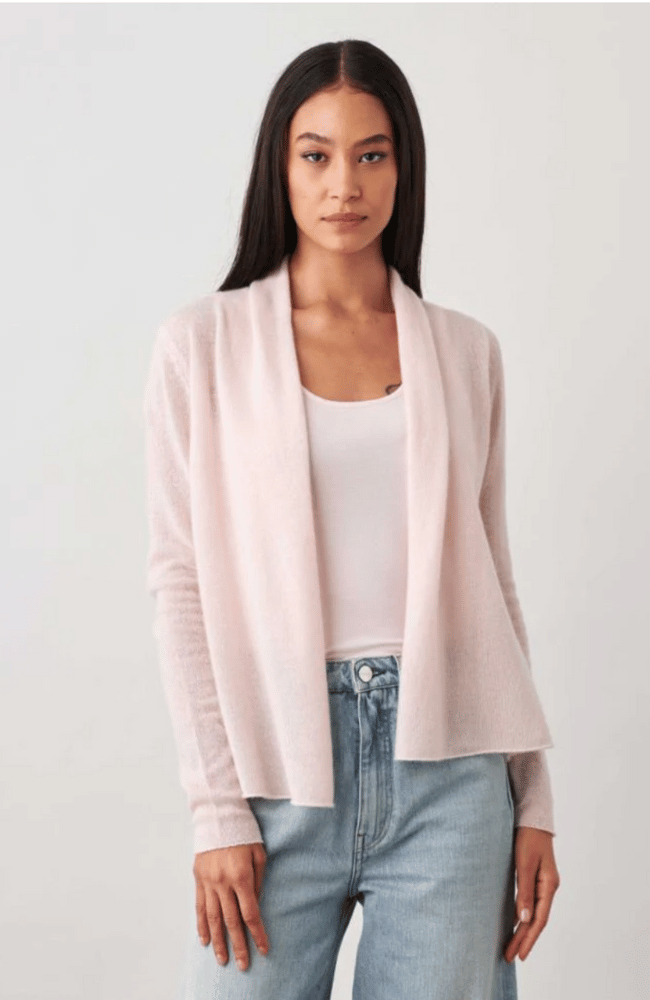 CASHMERE CROPPED TRAPEZE CARDIGAN - PINK SAND-WHITE + WARREN-FLOW by nicole