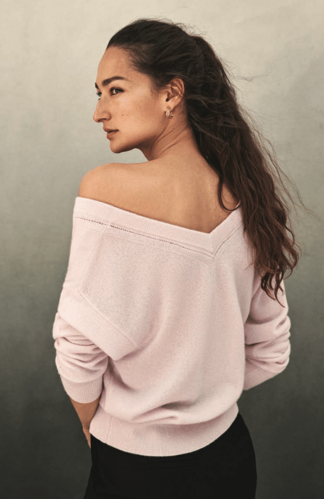 CASHMERE DOUBLE V NECK- PINK SAND-WHITE + WARREN-FLOW by nicole