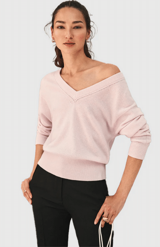 CASHMERE DOUBLE V NECK- PINK SAND-WHITE + WARREN-FLOW by nicole