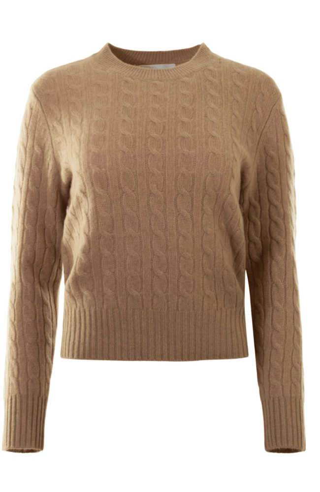 CASHMERE FEATHER WEIGHT CABLE CREW TRUE CAMEL-WHITE + WARREN-FLOW by nicole