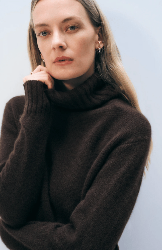 CASHMERE FEATHERWEIGHT TURTLENECK in DARK UMBER-WHITE and WARREN-FLOW by nicole