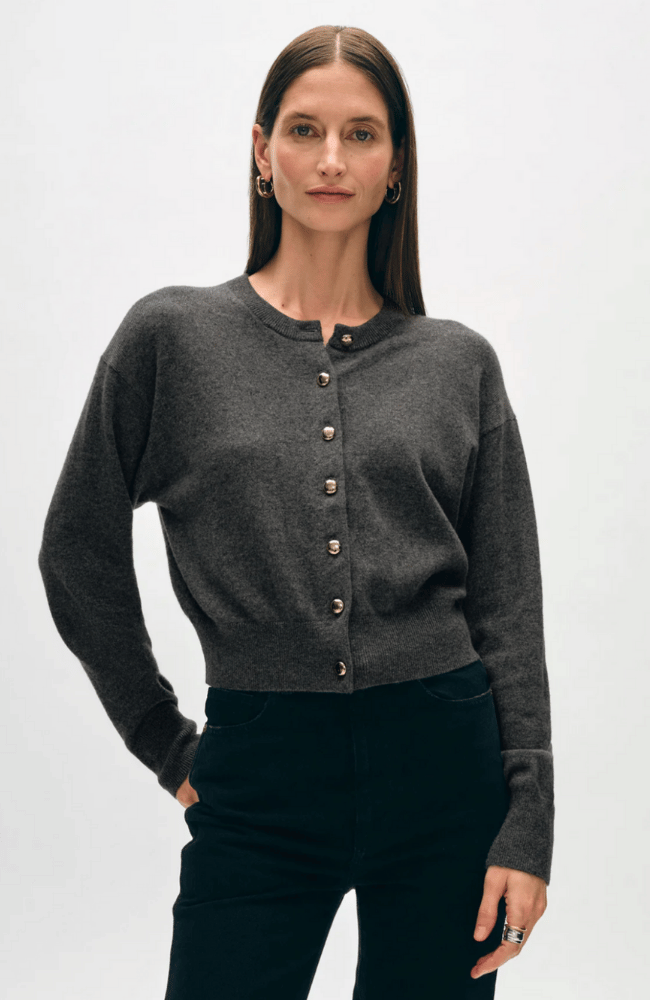 CASHMERE GOLD BUTTON CARDIGAN GRAPHITE HEATHER-WHITE + WARREN-FLOW by nicole