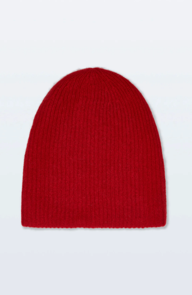 CASHMERE PLUSH RIB BEANIE in DEEP CRIMSON-WHITE and WARREN-FLOW by nicole