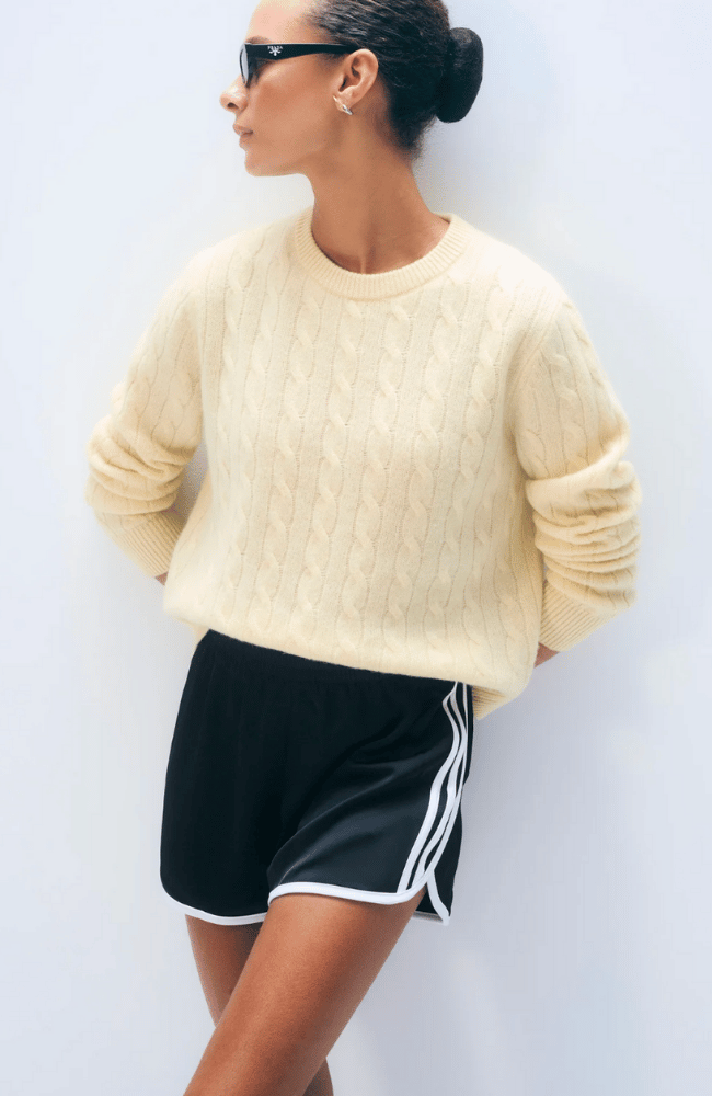 CASHMERE VARSITY CABLE CREWNECK in LEMONADE-WHITE and WARREN-FLOW by nicole