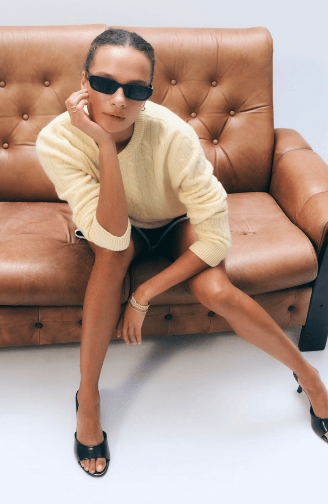 CASHMERE VARSITY CABLE CREWNECK in LEMONADE-WHITE and WARREN-FLOW by nicole