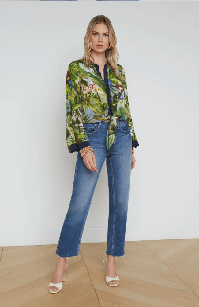 CHARLIZE TIE FRONT SILK BLOUSE in MULTI LUSH JUNGLE-L&#39; AGENCE-FLOW by nicole