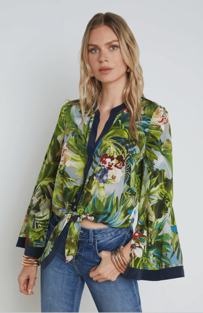 CHARLIZE TIE FRONT SILK BLOUSE in MULTI LUSH JUNGLE-L' AGENCE-FLOW by nicole