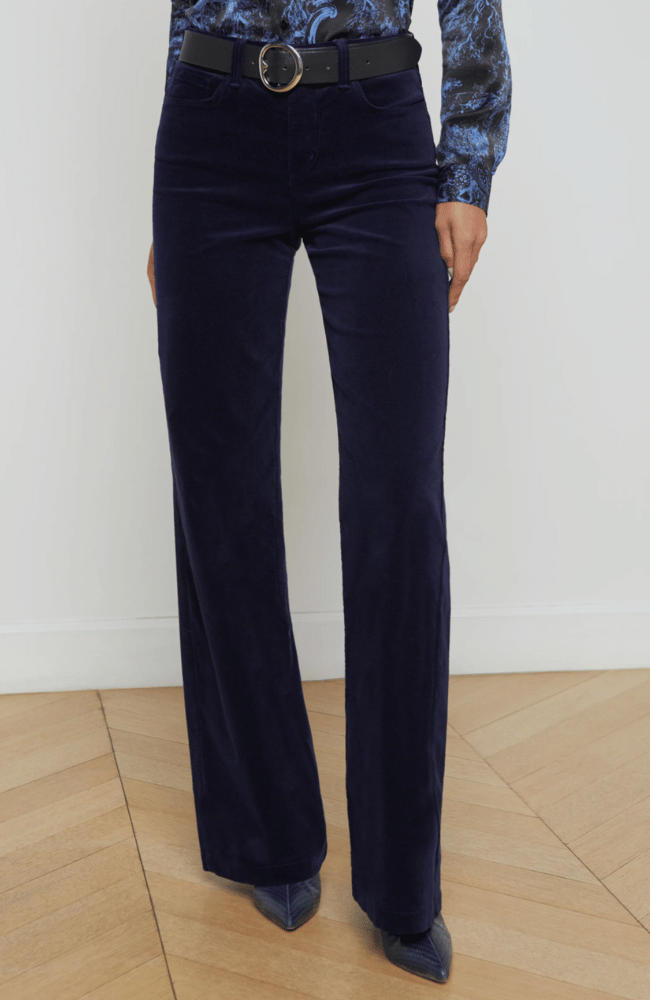 CLAYTON HIGH RISE WIDE LEG VELVET JEAN in MIDNIGHT-L'AGENCE-FLOW by nicole