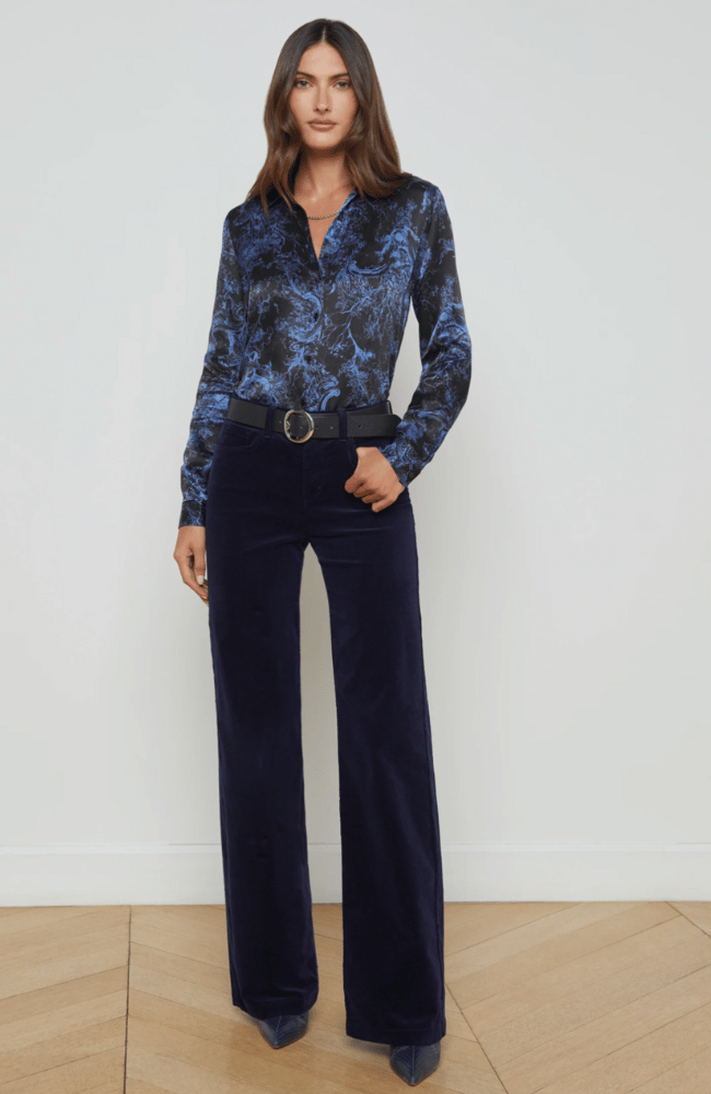 CLAYTON HIGH RISE WIDE LEG VELVET JEAN in MIDNIGHT-L'AGENCE-FLOW by nicole