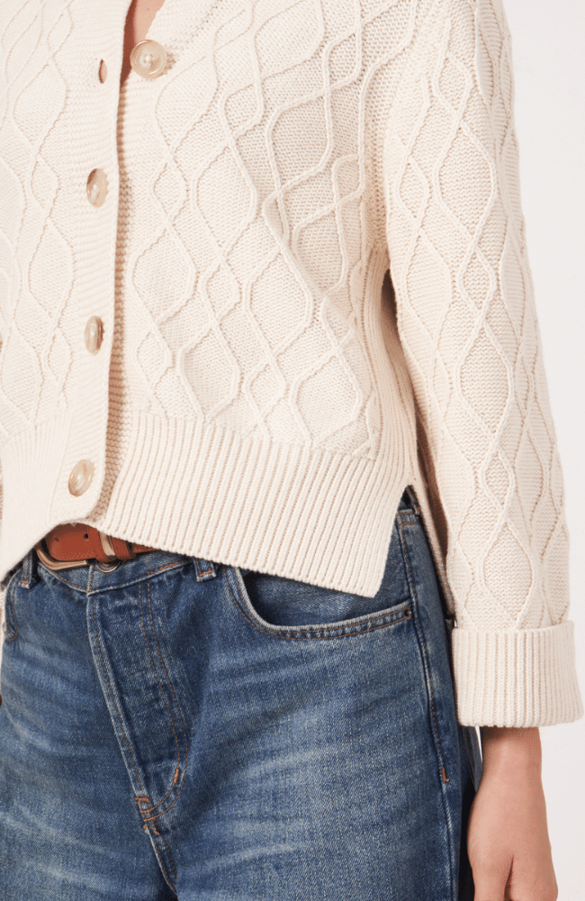 COTTON CABLE KNIT CARDIGAN WIDE SLEEVE - IVORY-REPEAT-FLOW by nicole