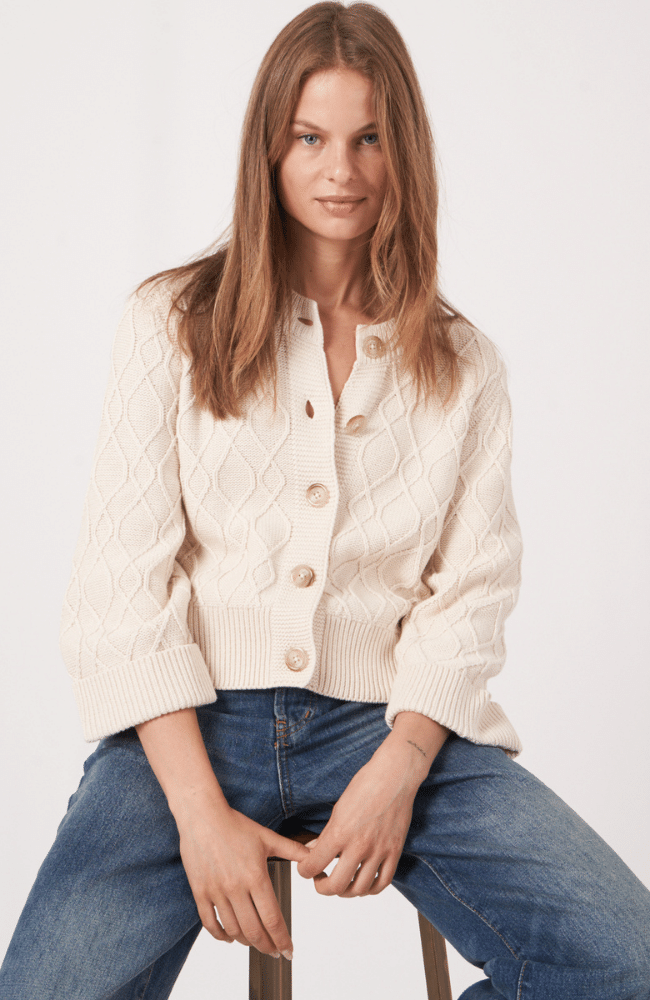 COTTON CABLE KNIT CARDIGAN WIDE SLEEVE - IVORY