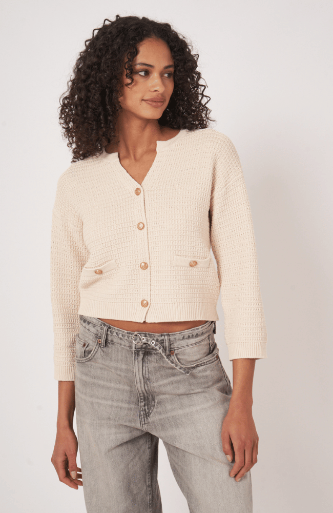 COTTON KNITTED CARDIGAN in IVORY-REPEAT-FLOW by nicole