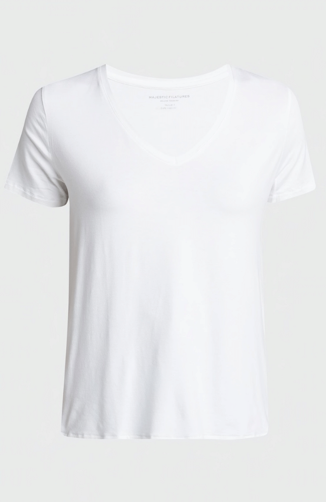 COTTON SILK SEMI RELAXED S/S V-NECK BLANC-MAJESTIC FILATURES-FLOW by nicole