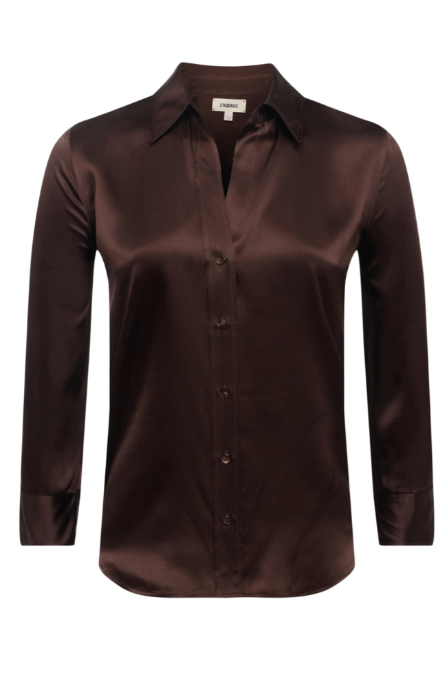 DANI SILK BLOUSE in COFFEE BEAN-L&#39;AGENCE-FLOW by nicole