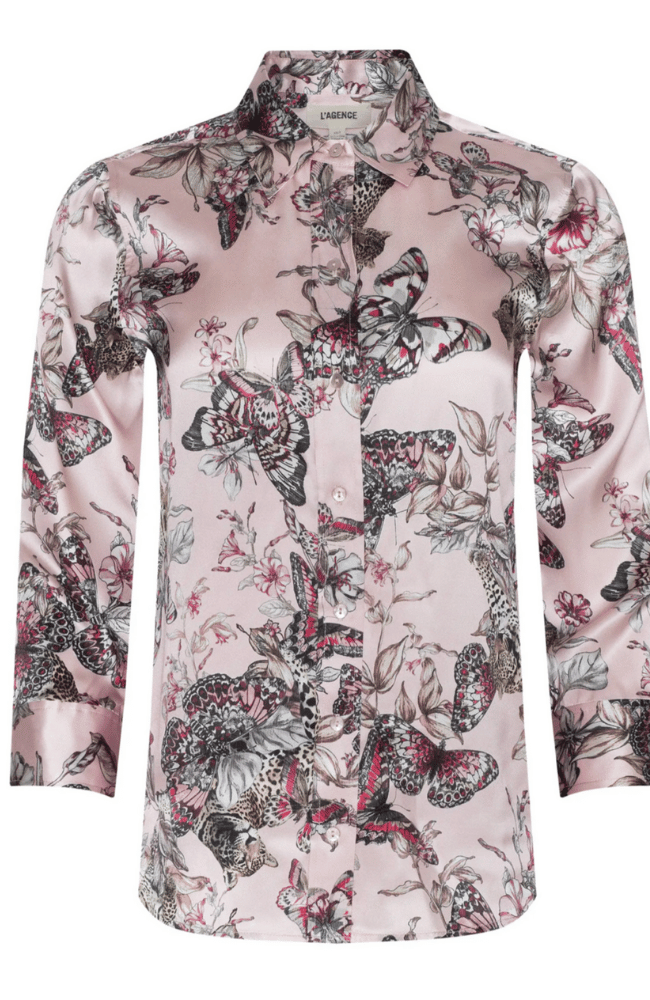 DANI SILK BLOUSE in Light Nectar Pink Small Multi Butterfly Jungle-L'AGENCE-FLOW by nicole