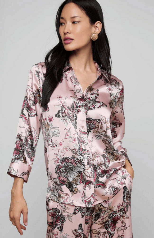 DANI SSILK BLOUSE in Light Nectar Pink Small Multi Butterfly Jungle-L'AGENCE-FLOW BY NICOLE CANADA