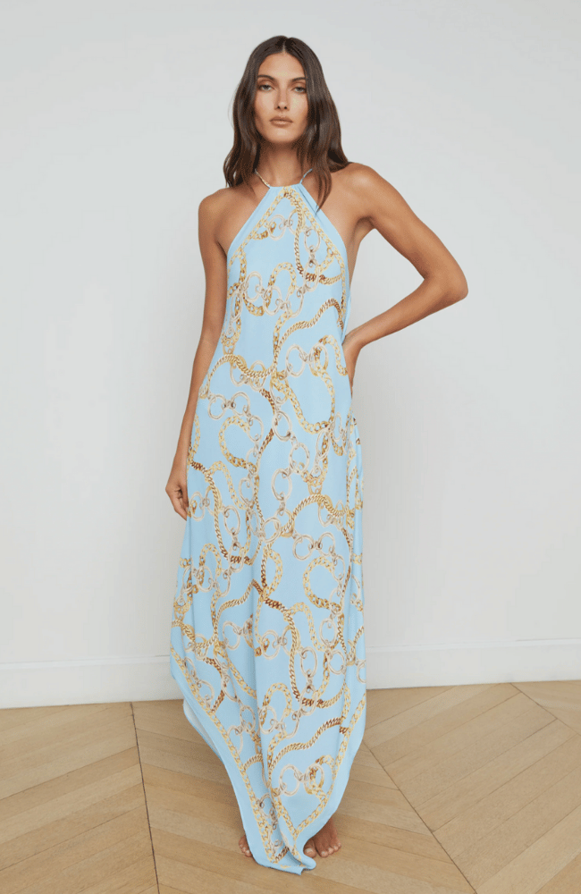 ELISE HALTER MIDI DRESS in SKY BLUE MULTI CHAIN-L'AGENCE-FLOW by nicole