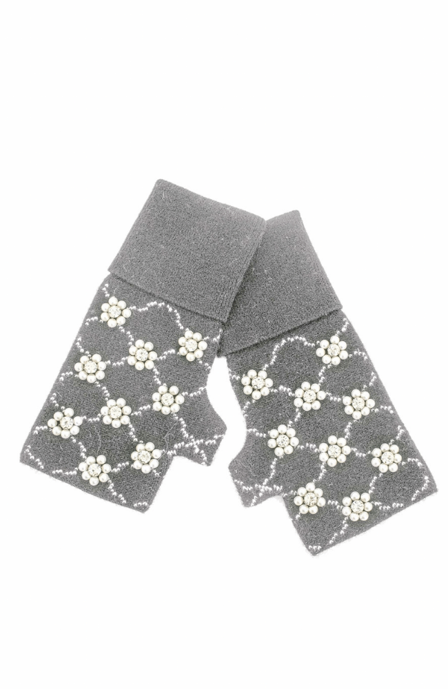 FINGERLESS GLOVES WITH FLOWER BEADS - LIGHT GREY-MITCHIES-FLOW by nicole