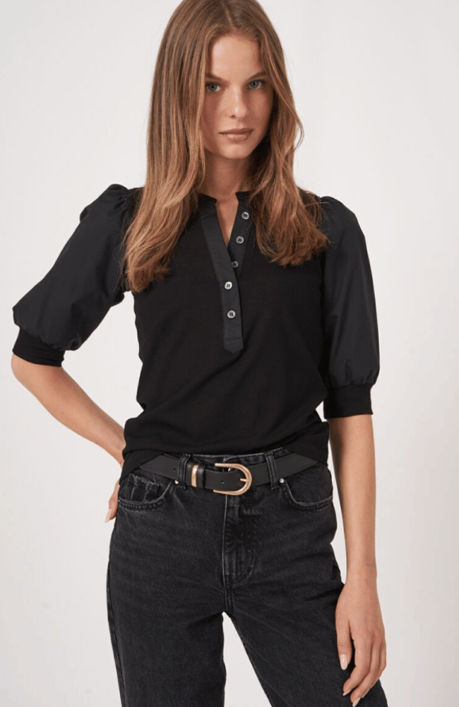 HENLY TOP SHORT PUFF SLEEVES - BLACK-REPEAT-FLOW by nicole