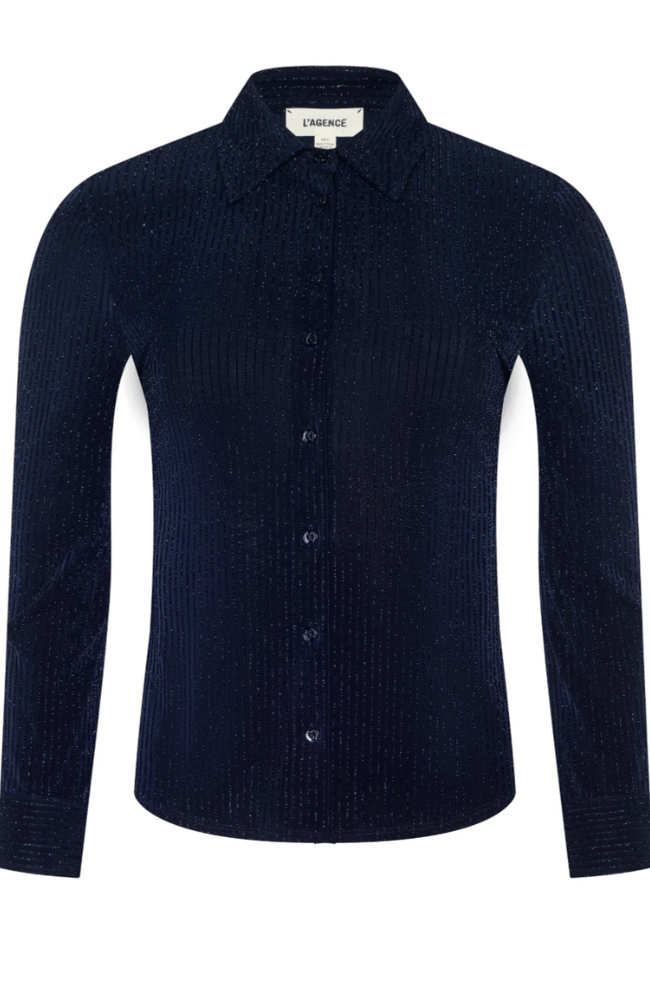 INDIANA FITTED BLOUSE in MIDNIGHT METALLIC PINSTRIPE-L'AGENCE-FLOW by nicole