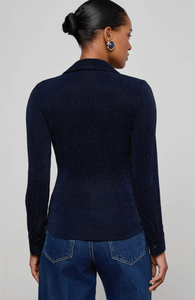INDIANA FITTED BLOUSE in MIDNIGHT METALLIC PINSTRIPE-L'AGENCE-FLOW by nicole