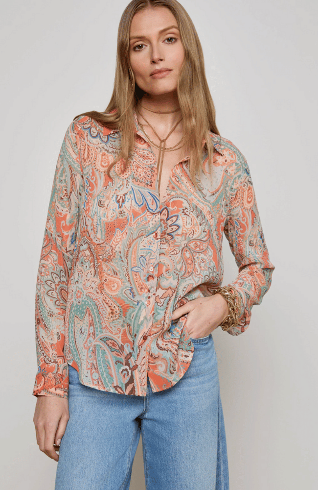LAURENT BLOUSE in ORANGE/LIGHT BLUE TRADITIONAL PAISLEY-L&#39;AGENCE-FLOW by nicole