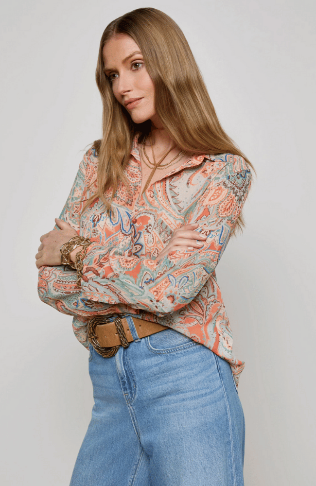 LAURENT BLOUSE in ORANGE/LIGHT BLUE TRADITIONAL PAISLEY-L&#39;AGENCE-FLOW by nicole