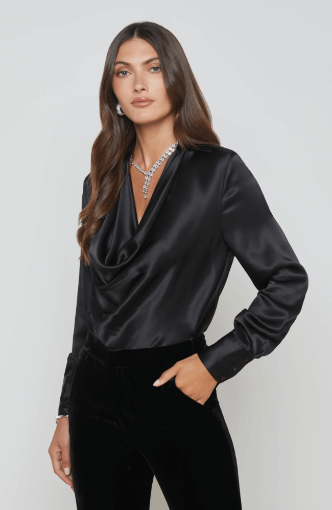 LOTUS COWL NECK BLOUSE in BLACK-L'AGENCE-FLOW by nicole