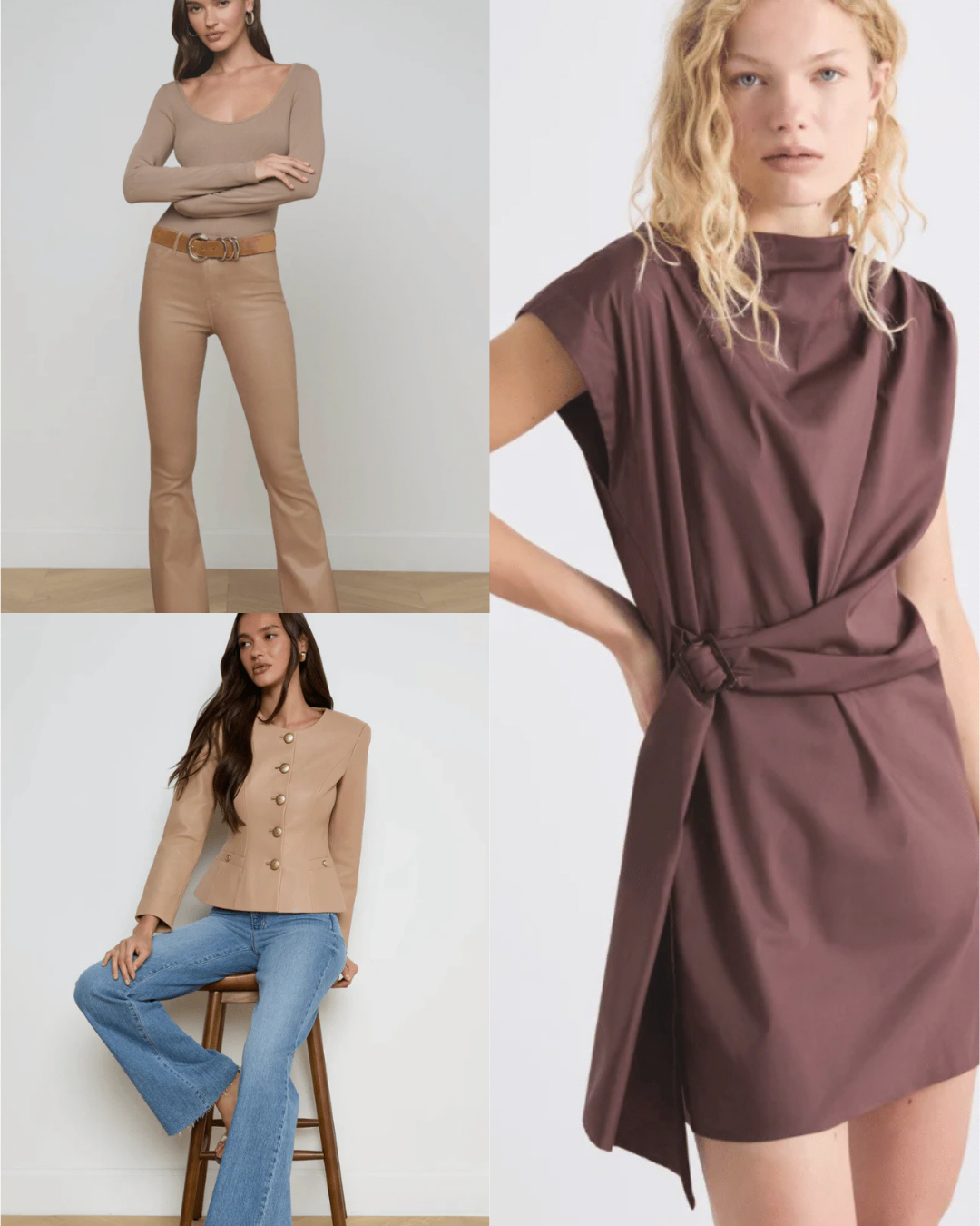 Four different outfits featuring a woman in various styles of clothing.