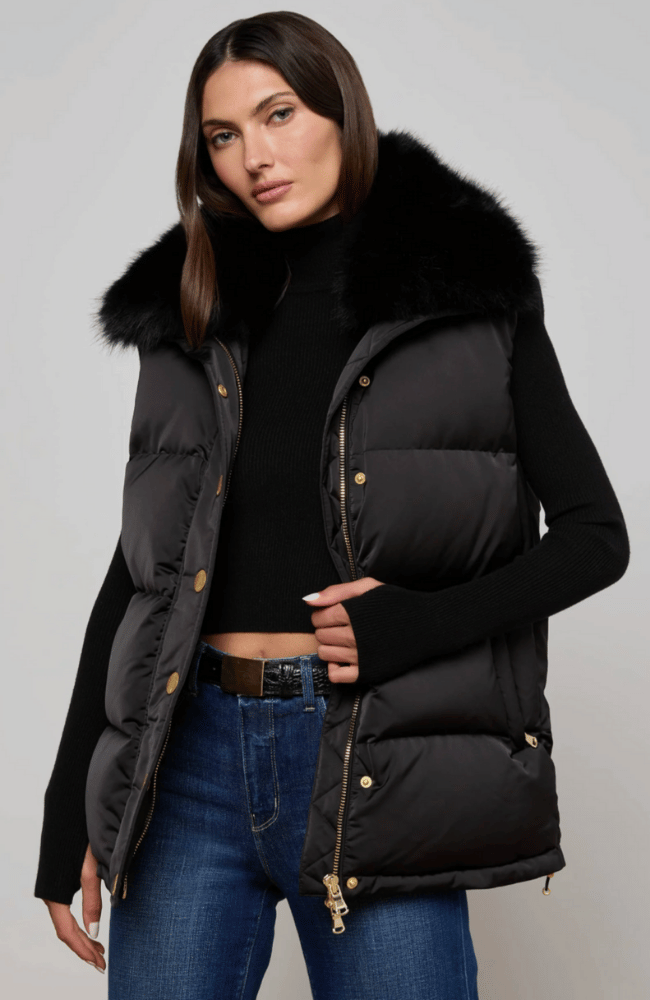 NALO FAUX FUR PUFFER VEST in BLACK-L'AGENCE-FLOW by nicole