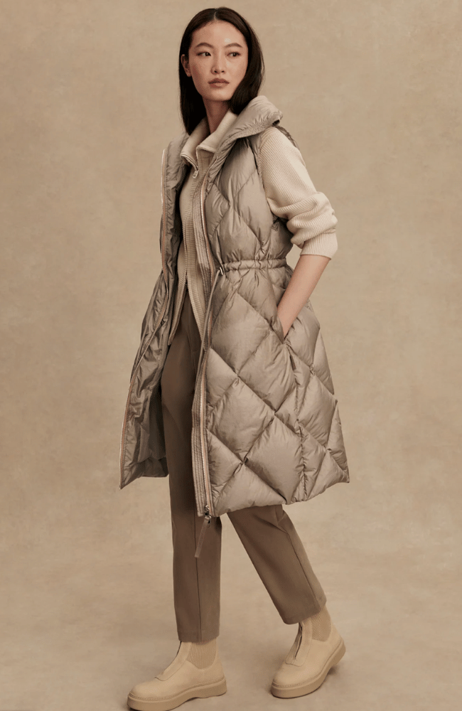 NAVINE LONG DOWN GILET in PORTABELLA-Varley-FLOW by nicole