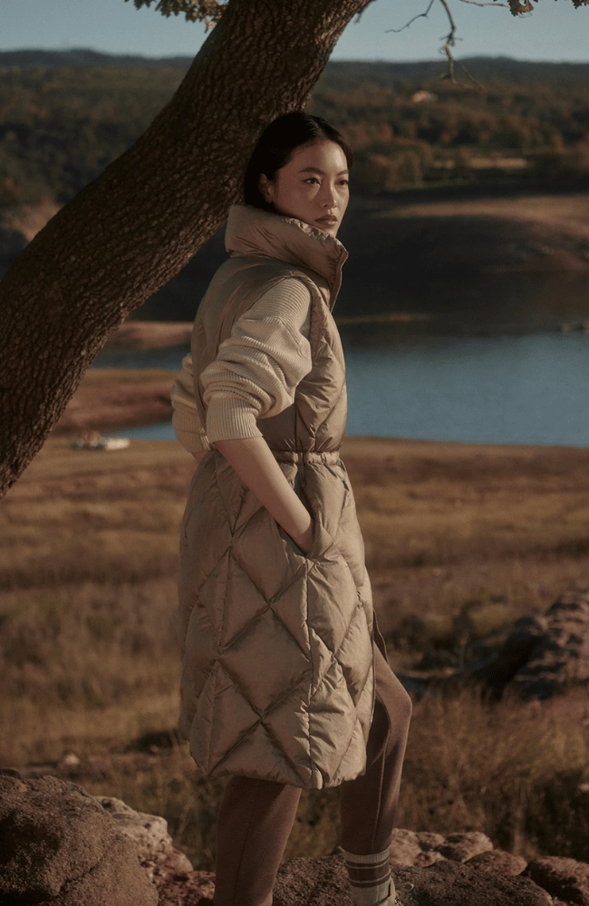 NAVINE LONG DOWN GILET in PORTABELLA-Varley-FLOW by nicole