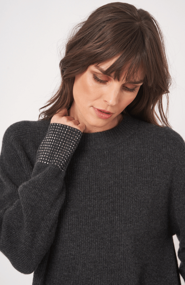 RELAXED RIB KNIT SWEATER RHINESTONE CUFFS in CHARCOAL-REPEAT-FLOW by nicole