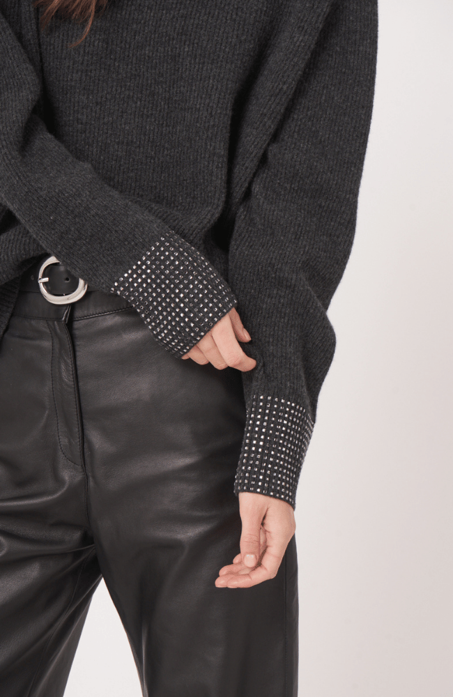 RELAXED RIB KNIT SWEATER RHINESTONE CUFFS in CHARCOAL-REPEAT-FLOW by nicole