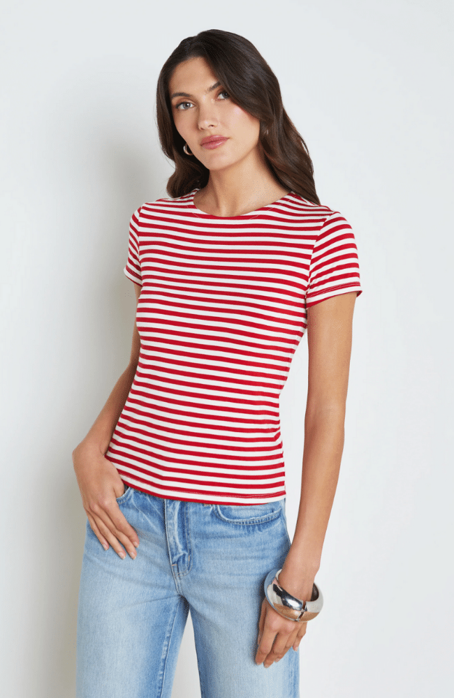 RESSI FITTED CREWNECK TEE in RED/WHITE STRIPE-L' AGENCE-FLOW by nicole