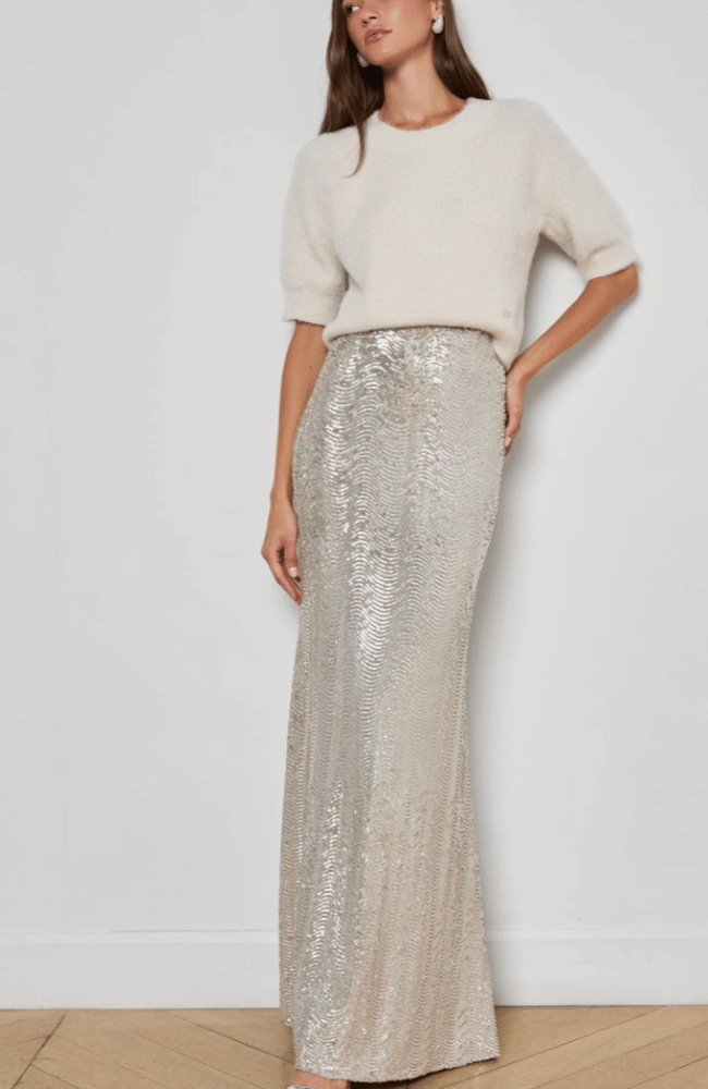 SEQUIN ZETA MAXI SKIRT in SILVER-L&#39;AGENCE-FLOW by nicole