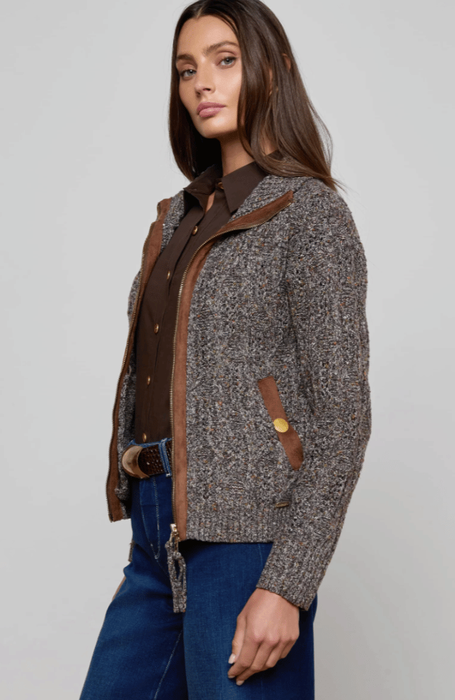 SHILOH SUEDE TRIM CABLE CARDIGAN in CARAFE MULTI BROWN-L'AGENCE-FLOW by nicole