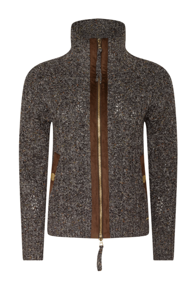 SHILOH SUEDE TRIM CABLE CARDIGAN in CARAFE MULTI BROWN-L&#39;AGENCE-FLOW by nicole