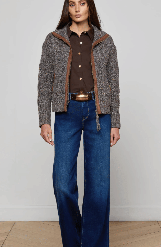 SHILOH SUEDE TRIM CABLE CARDIGAN in CARAFE MULTI BROWN-L&#39;AGENCE-FLOW by nicole