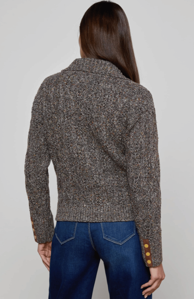 SHILOH SUEDE TRIM CABLE CARDIGAN in CARAFE MULTI BROWN-L&#39;AGENCE-FLOW by nicole