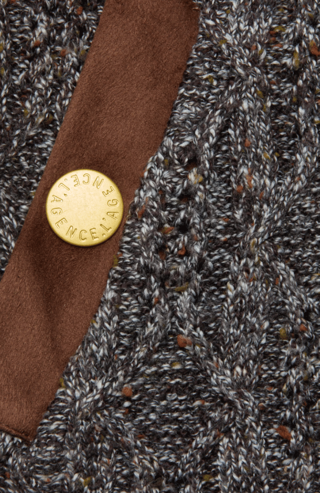SHILOH SUEDE TRIM CABLE CARDIGAN in CARAFE MULTI BROWN-L&#39;AGENCE-FLOW by nicole