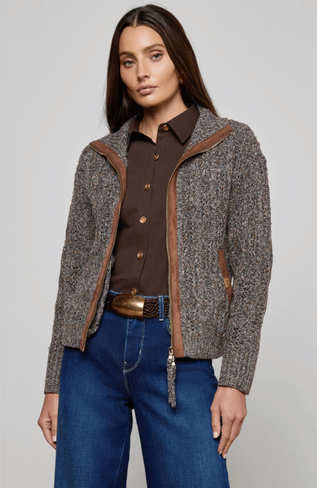 SHILOH SUEDE TRIM CABLE CARDIGAN in CARAFE MULTI BROWN-L'AGENCE-FLOW by nicole