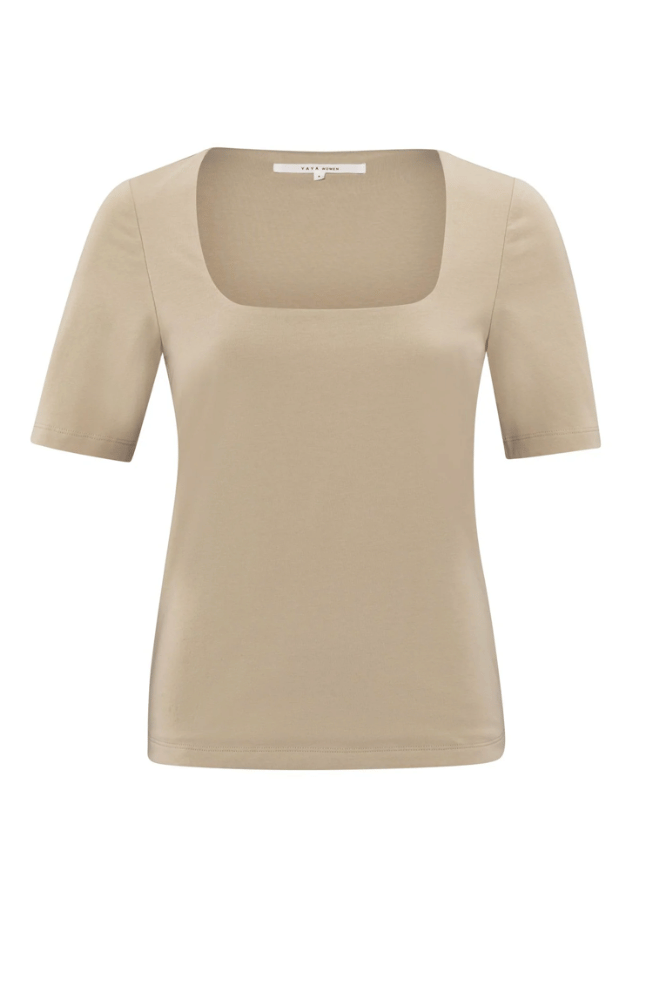 SHORT SLEEVE DOUBLE LAYER T-SHIRT SQUARE NECKLINE HUMUS BEIDGE-YAYA-FLOW by nicole