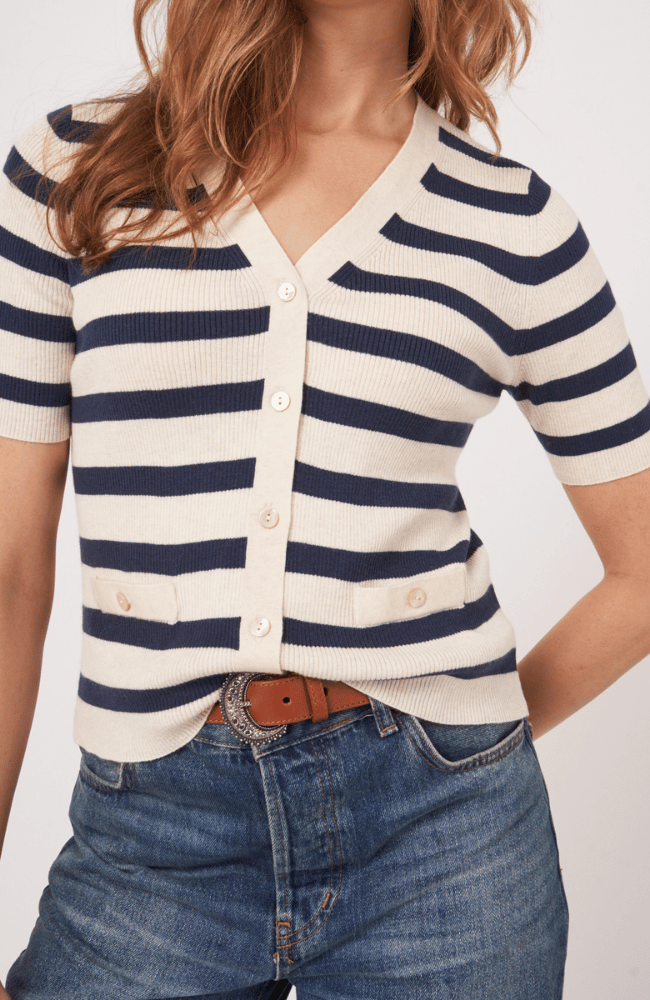 SHORT SLEEVE RIB KNIT STRIPED SWEATER-REPEAT-FLOW by nicole