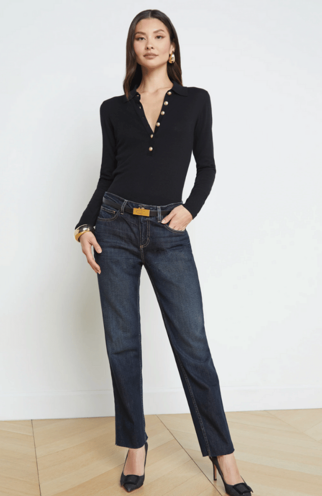STERLING COLLARED SWEATER BLACK/ GOLD BUTTONS-L&#39;AGENCE-FLOW by nicole