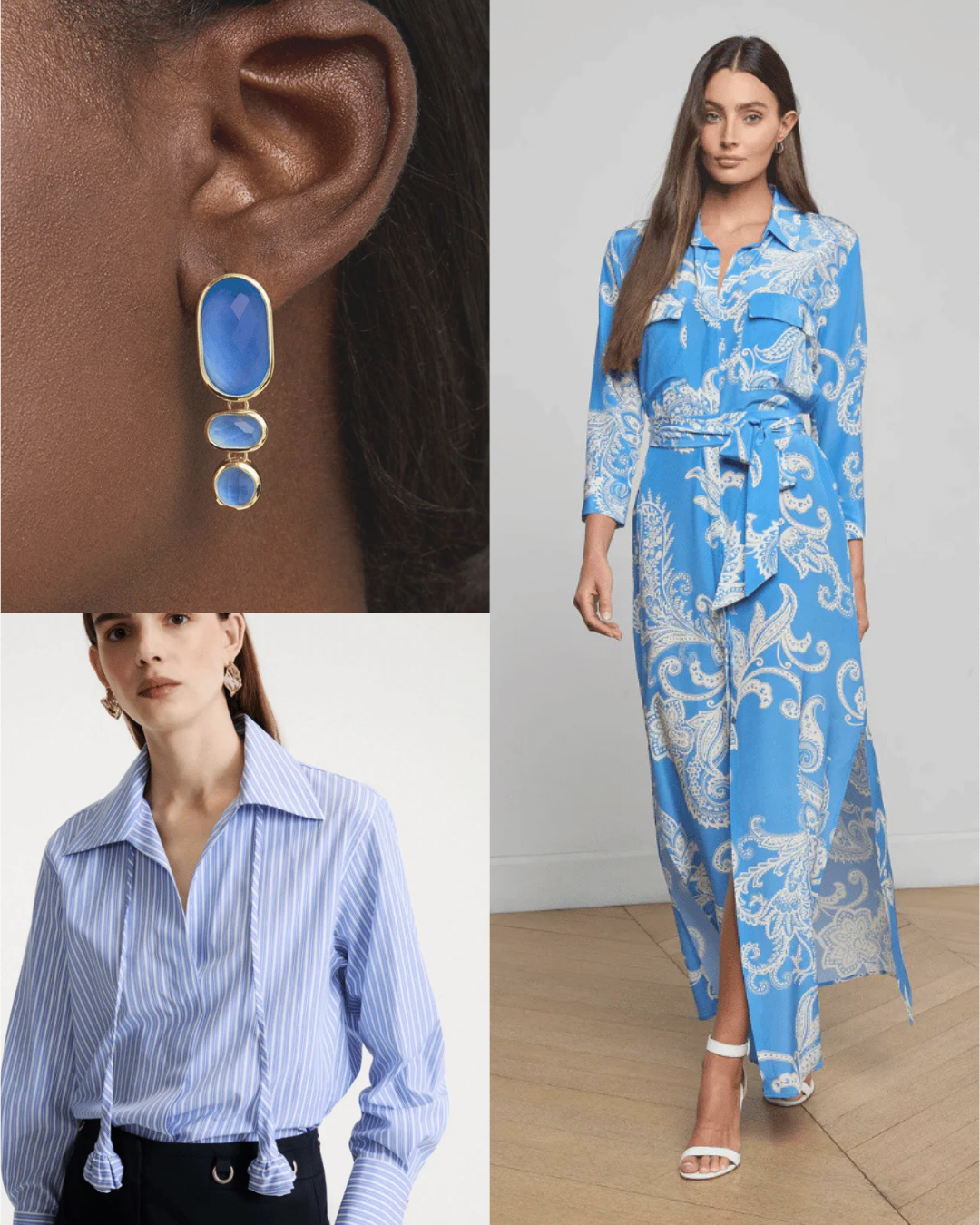 Collage of blue earrings, a blue patterned dress, and a blue striped shirt suggested blue trend products