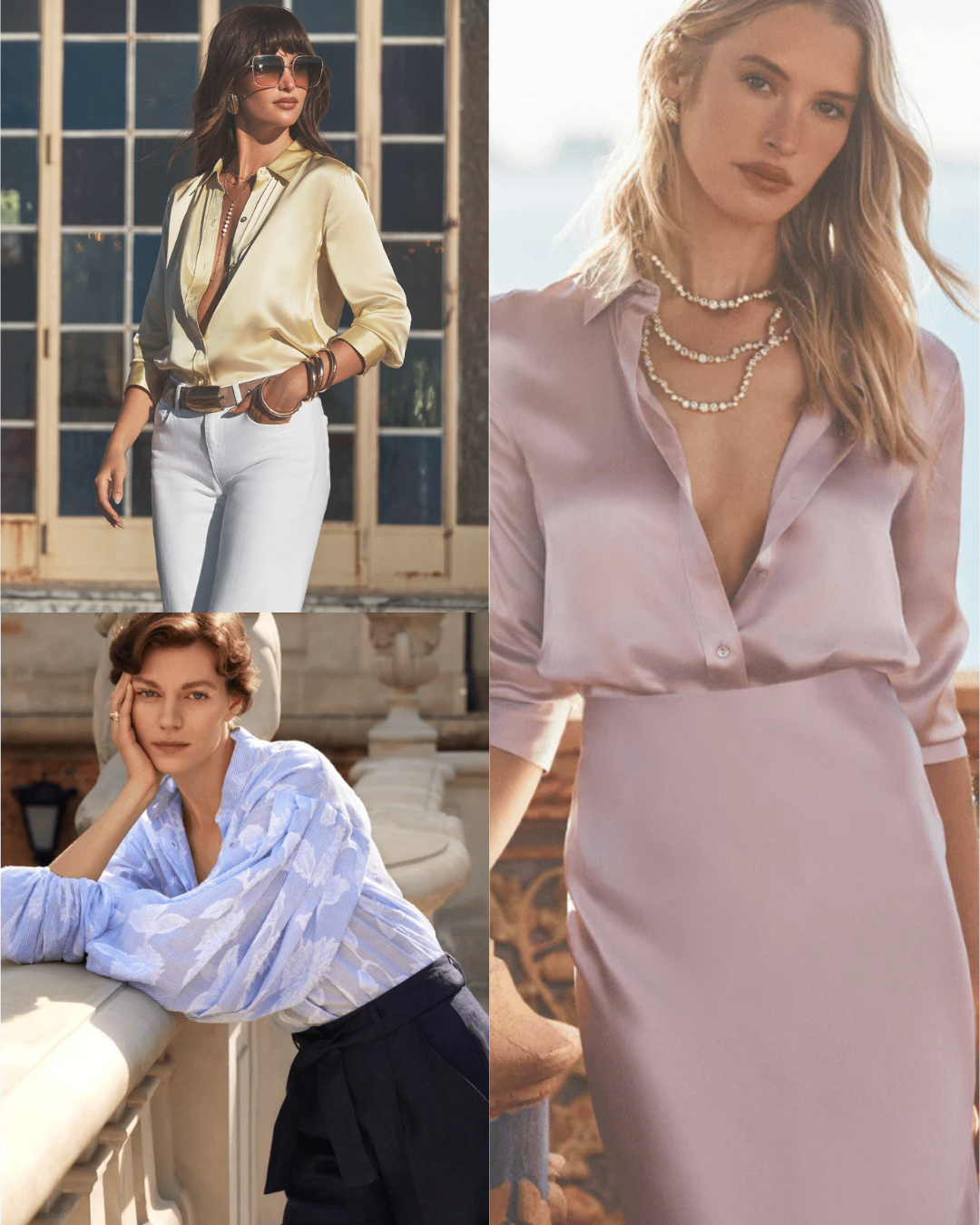 Collage of women wearing different styles of button-up shirts in various settings.