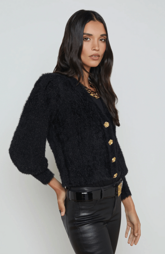 TALULLA CARDIGAN - BLACK LUREX / GOLD ROSE-L&#39; AGENCE-FLOW by nicole