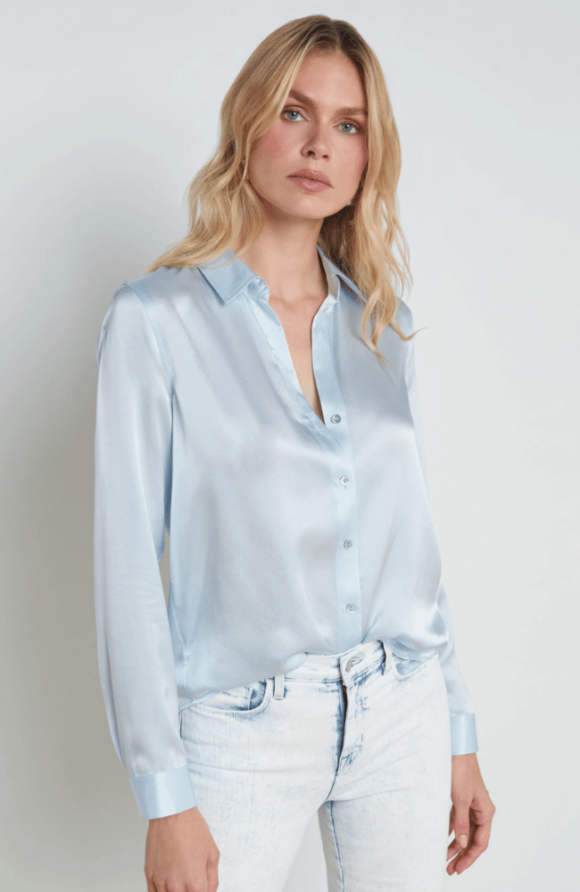 TYLER SILK BLOUSE in ICE WATER-L&#39; AGENCE-FLOW by nicole